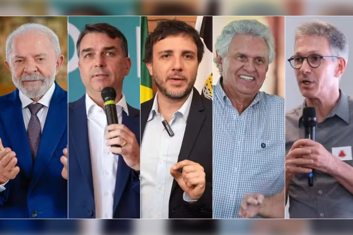 Montagem com fotos dos candidatos à Presidência: Luiz Inácio Lula da Silva (PT), Flávio Bolsonaro (PL), Renan Santos (Missão), Ronaldo Caiado (PSD) e Romeu Zema (Novo) — Foto: Montagem/g1